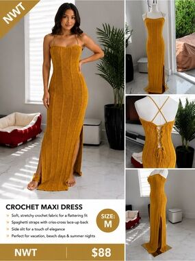 Mustard Crochet Lace-Up Back Maxi Dress